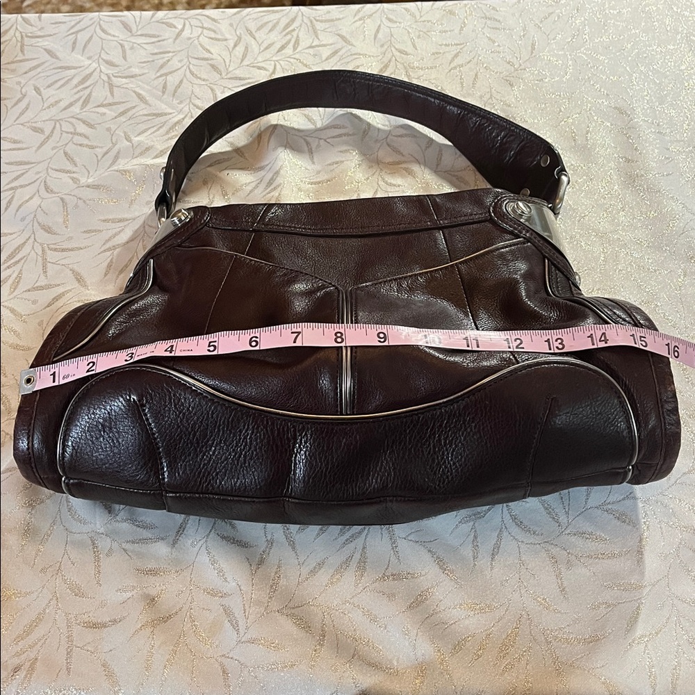 B. Makowsky Dark Brown Slouchy Brown Leather HoBo Shoulder Bag Metallic Details - Picture 16 of 17
